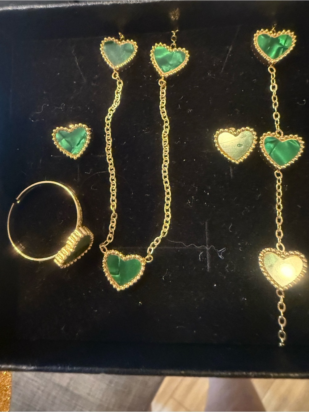 Gold-Tone Green Heart Necklace and Bracelet Set - Women Jewelry